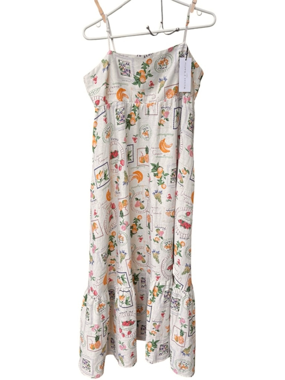 Maison D’Amelie Paris Linen Blend Fruit Print Maxi Dress NWT Sz L